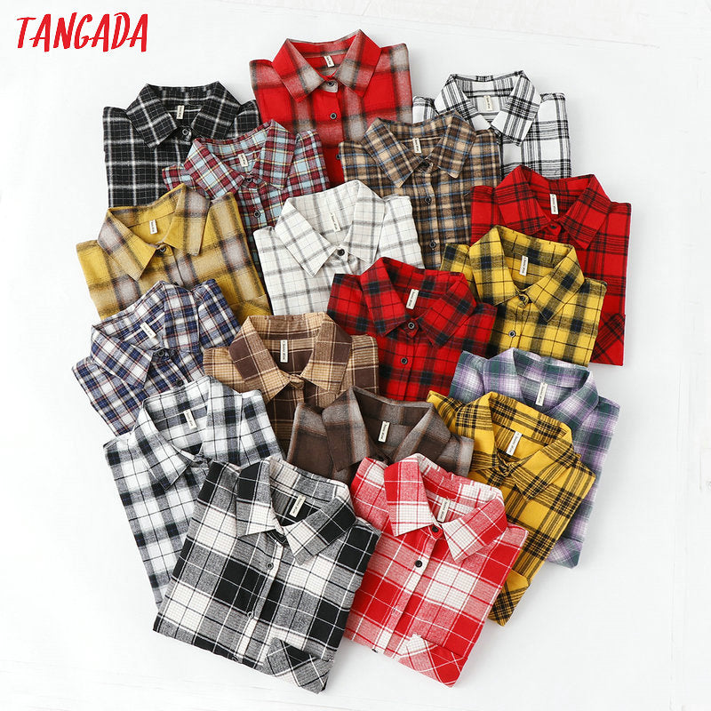Tangada fashion women chic oversized plaid blouse