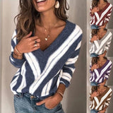 Womens V Neck Sweater Strips Pullover Long Sleeve