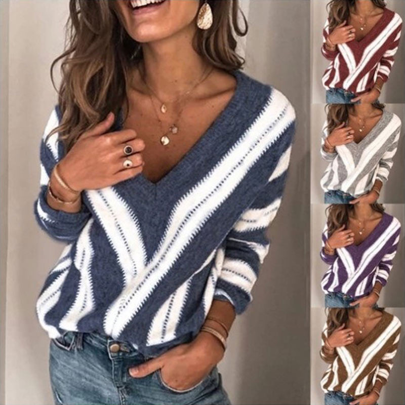 Womens V Neck Sweater Strips Pullover Long Sleeve