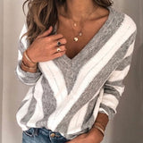 Womens V Neck Sweater Strips Pullover Long Sleeve