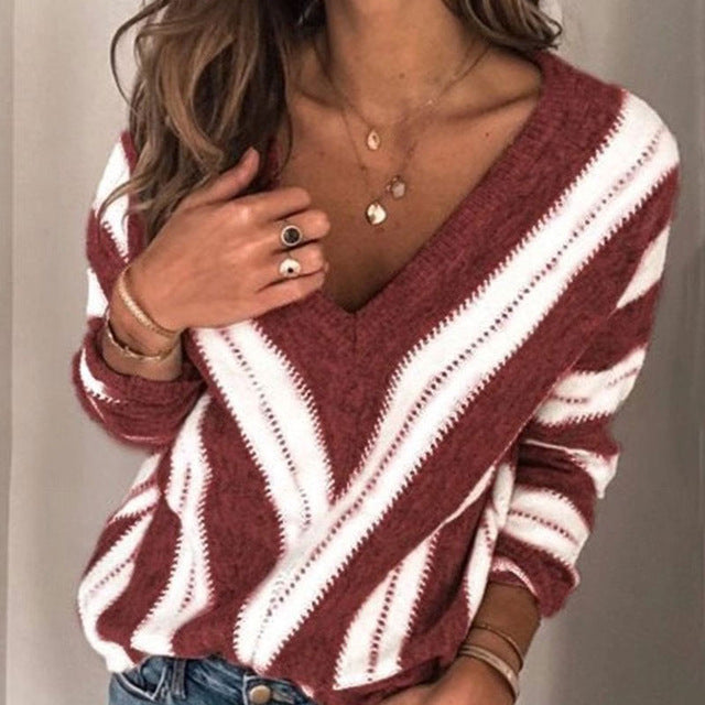 Womens V Neck Sweater Strips Pullover Long Sleeve