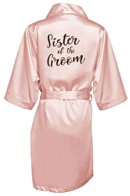 new bride bridesmaid robe with white black letters