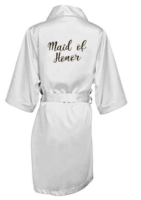 new bride bridesmaid robe with white black letters