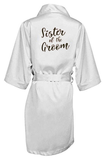 new bride bridesmaid robe with white black letters