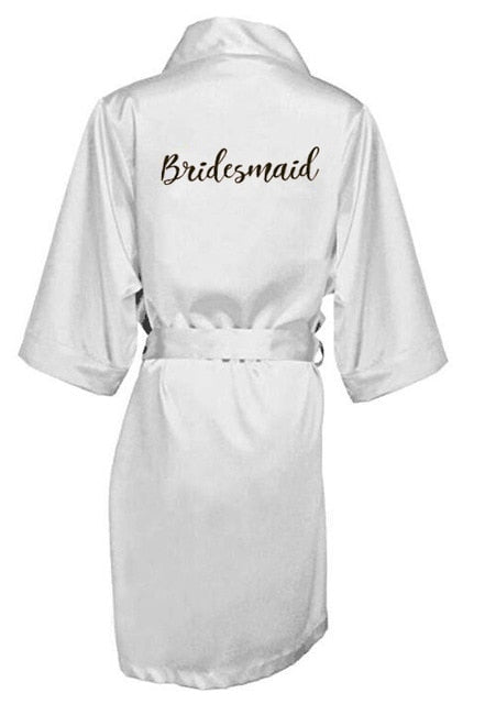 new bride bridesmaid robe with white black letters