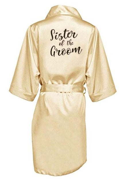 new bride bridesmaid robe with white black letters