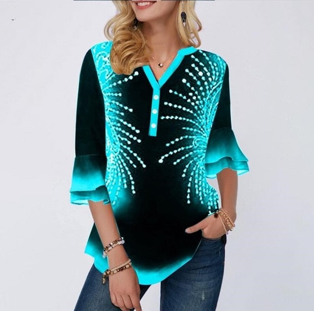 Shirt Blouse Women Spring Summer Printing Shirt 3/4 sleeve