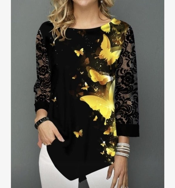 Shirt Blouse Women Spring Summer Printing Shirt 3/4 sleeve