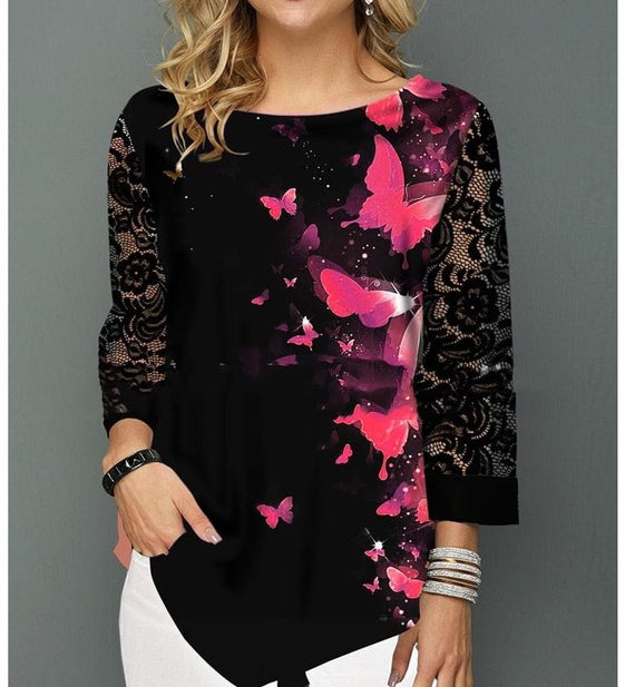 Shirt Blouse Women Spring Summer Printing Shirt 3/4 sleeve