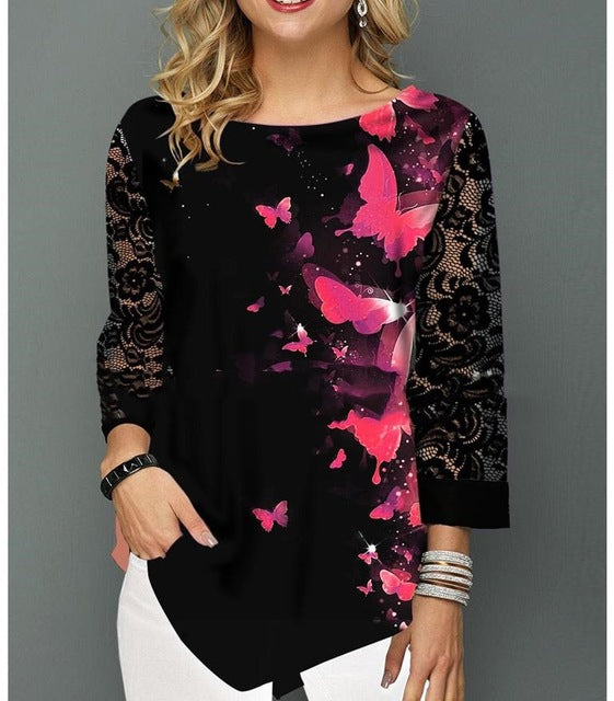 Shirt Blouse Women Spring Summer Printing Shirt 3/4 sleeve