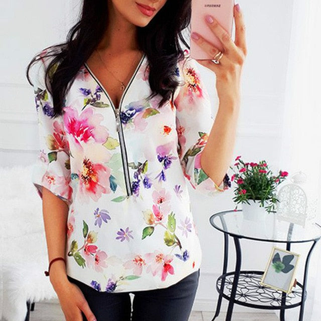 Women Tops Blouses Autumn Elegant Long Sleeve Print