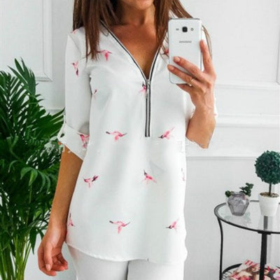 Women Tops Blouses 2019 Autumn Elegant Long Sleeve Print V-Neck Blouse Female Work Zipper Shirts Plus Size Tops 5XL Mujer Blusa