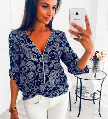 Women Tops Blouses Autumn Elegant Long Sleeve Print