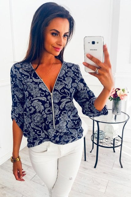 Women Tops Blouses Autumn Elegant Long Sleeve Print