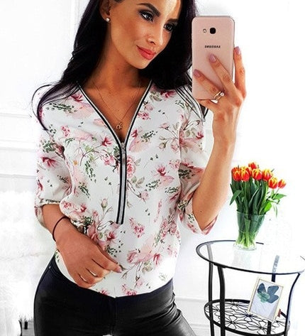 Women Tops Blouses Autumn Elegant Long Sleeve Print