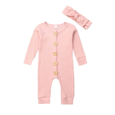 2PCS Knitted Solid Jumpsuit Newborn Baby Girl Boy Clothes Long Sleeve Autumn Romper Long Sleeve Headband Outfit Clothes