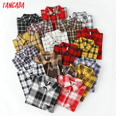Tangada  fashion women chic oversized plaid blouse