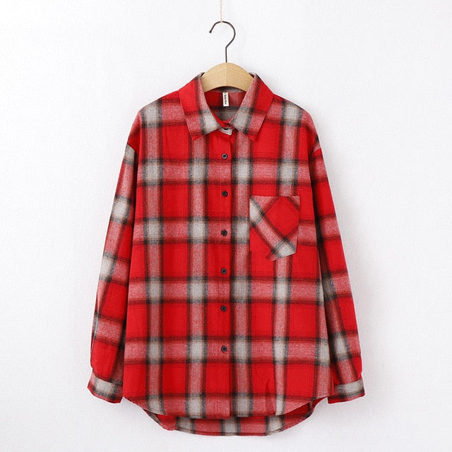 Tangada  fashion women chic oversized plaid blouse