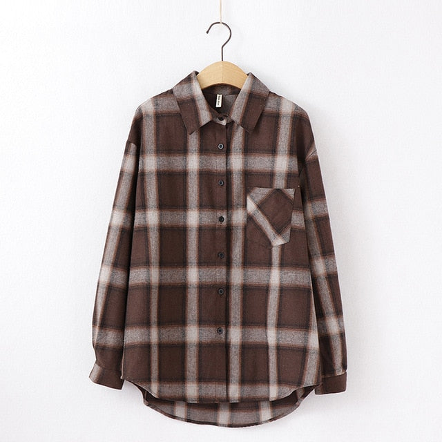 Tangada  fashion women chic oversized plaid blouse