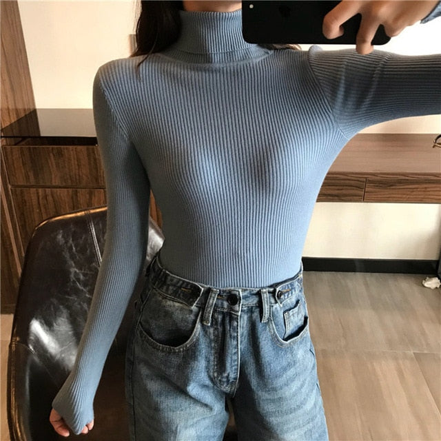 Women Knitted Ribbed Pullover Sweater Long Sleeve Turtleneck