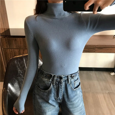 2020 Autumn Winter Thick Sweater Women Knitted Ribbed Pullover Sweater Long Sleeve Turtleneck Slim Jumper Soft Warm Pull Femme