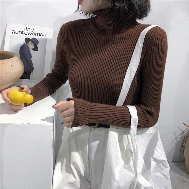 Women Knitted Ribbed Pullover Sweater Long Sleeve Turtleneck