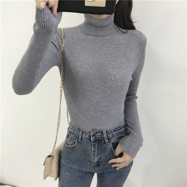Women Knitted Ribbed Pullover Sweater Long Sleeve Turtleneck