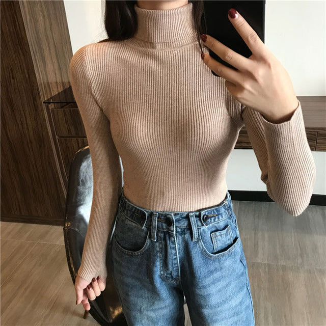 Women Knitted Ribbed Pullover Sweater Long Sleeve Turtleneck