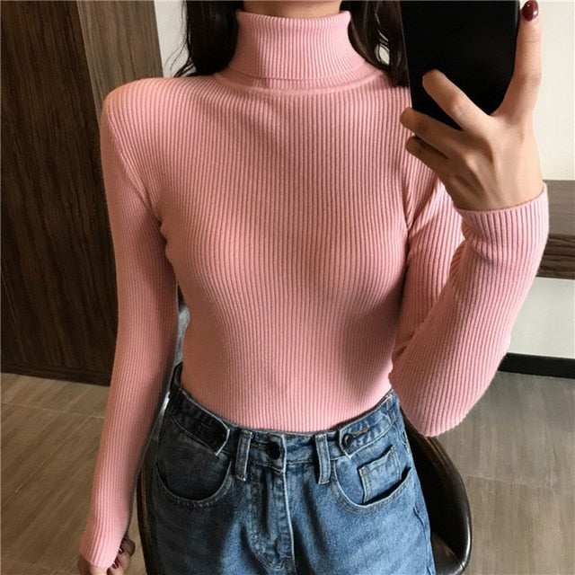 Women Knitted Ribbed Pullover Sweater Long Sleeve Turtleneck