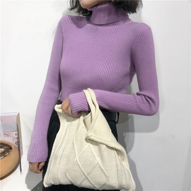 Women Knitted Ribbed Pullover Sweater Long Sleeve Turtleneck