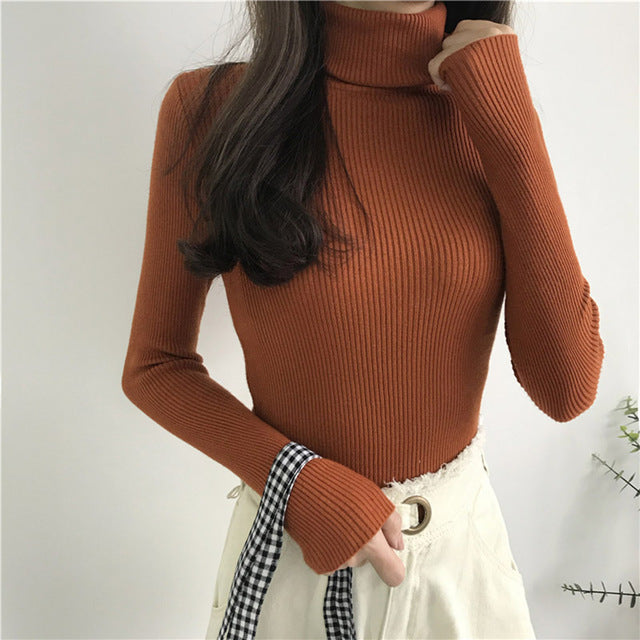 Women Knitted Ribbed Pullover Sweater Long Sleeve Turtleneck