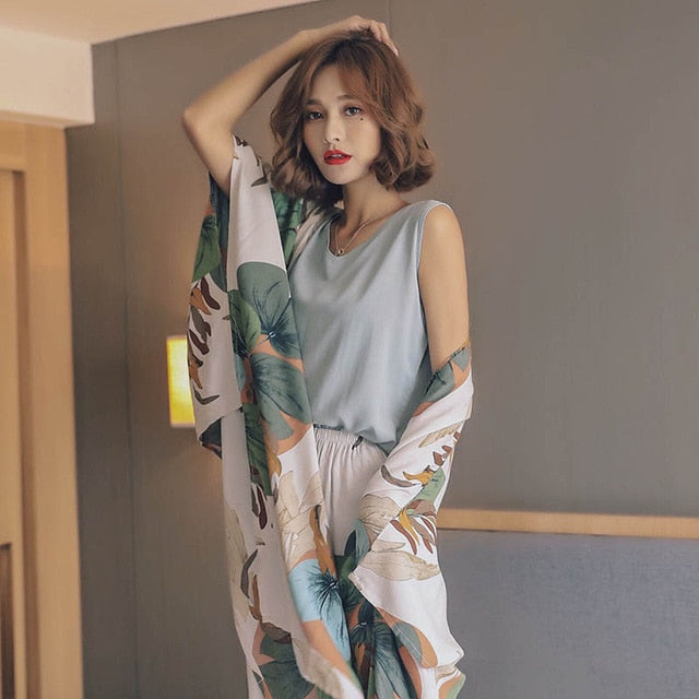 4Pcs Set Cardigan+Vest+Pants+Shorts Floral Printed Elegant Sleepwear