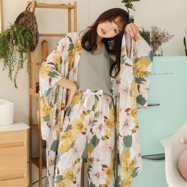 4Pcs Set Cardigan+Vest+Pants+Shorts Floral Printed Elegant Sleepwear