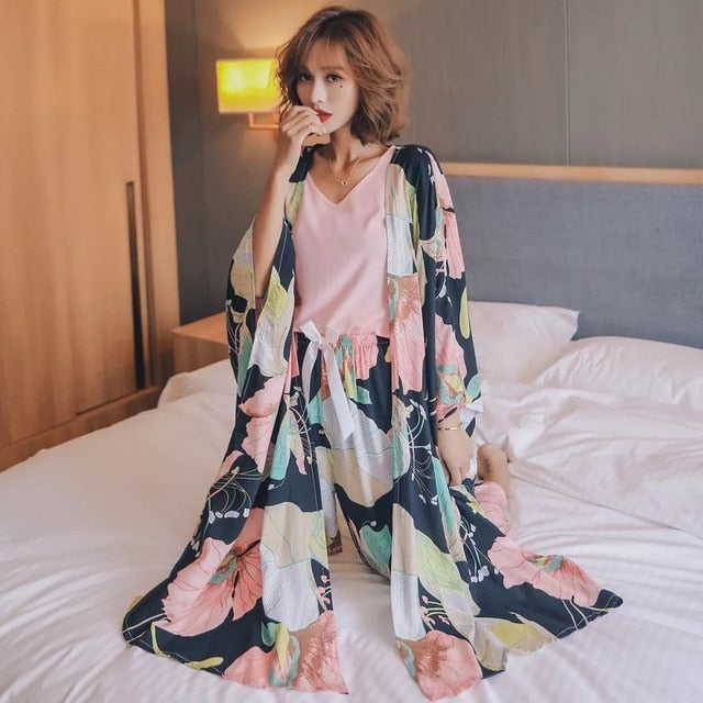 4Pcs Set Cardigan+Vest+Pants+Shorts Floral Printed Elegant Sleepwear