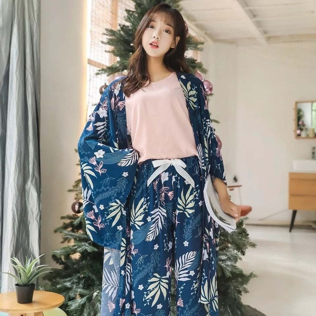 4Pcs Set Cardigan+Vest+Pants+Shorts Floral Printed Elegant Sleepwear