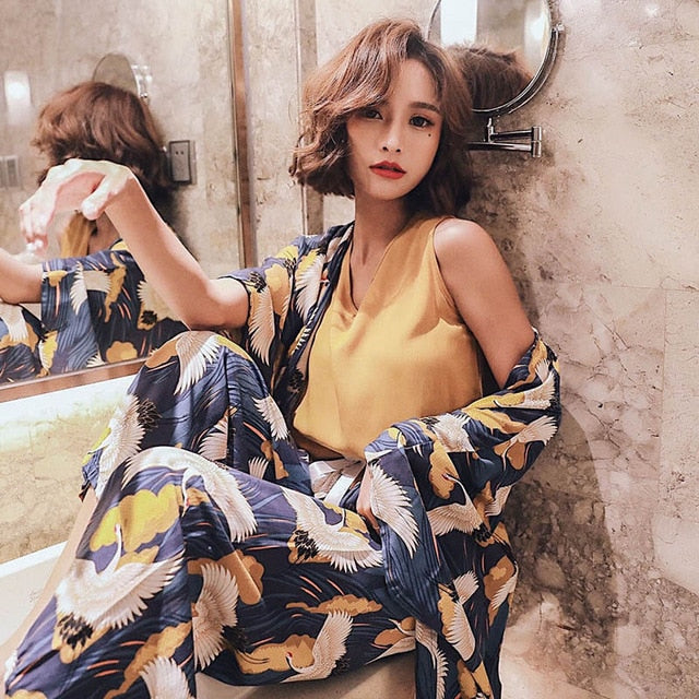 4Pcs Set Cardigan+Vest+Pants+Shorts Floral Printed Elegant Sleepwear