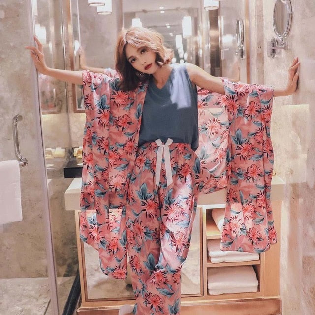 4Pcs Set Cardigan+Vest+Pants+Shorts Floral Printed Elegant Sleepwear