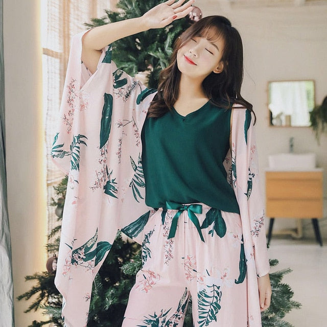 4Pcs Set Cardigan+Vest+Pants+Shorts Floral Printed Elegant Sleepwear