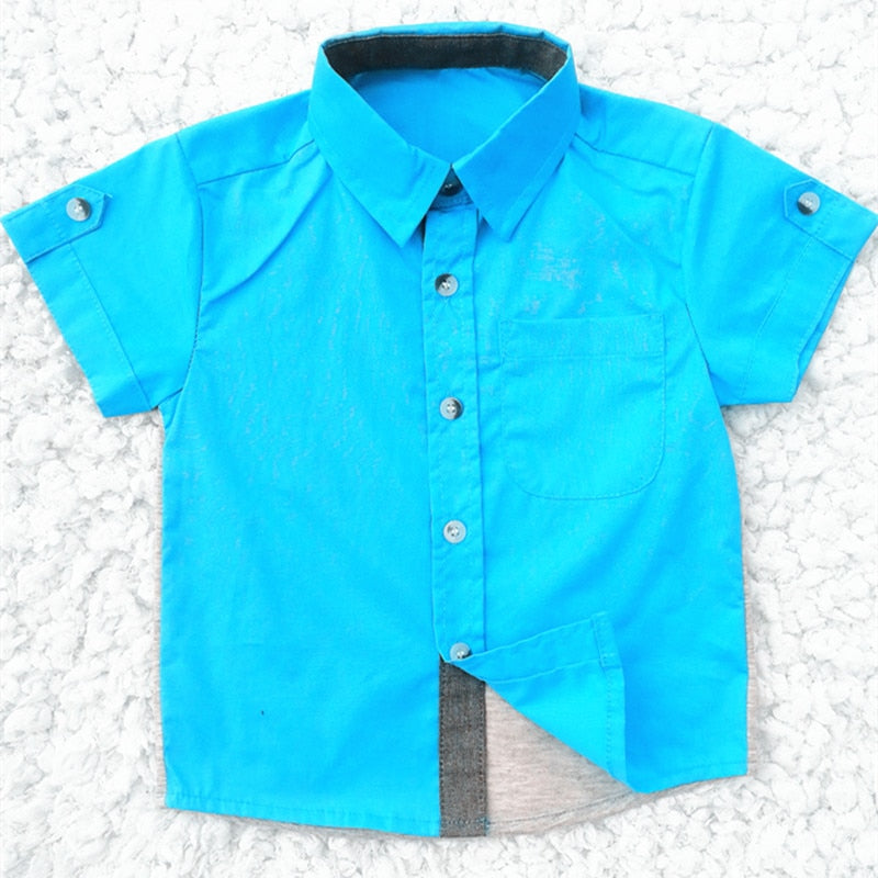 Boys Short Sleeve Classic Plaid Lapel Children Shirts Tops with Pocket