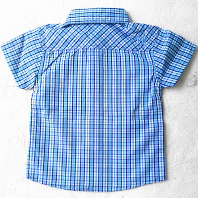 Boys Short Sleeve Classic Plaid Lapel Children Shirts Tops with Pocket