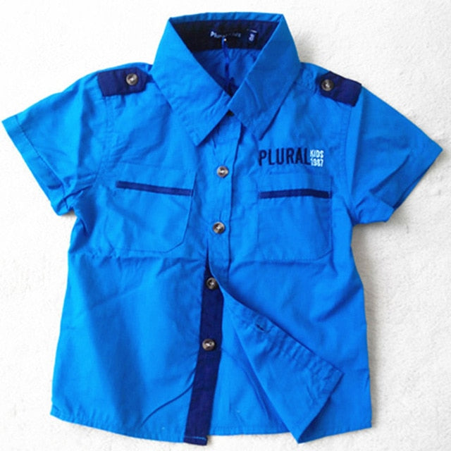 Boys Short Sleeve Classic Plaid Lapel Children Shirts Tops with Pocket