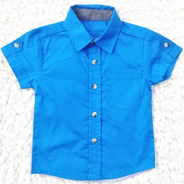 Boys Short Sleeve Classic Plaid Lapel Children Shirts Tops with Pocket