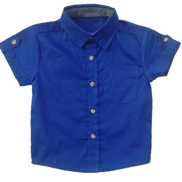 Boys Short Sleeve Classic Plaid Lapel Children Shirts Tops with Pocket