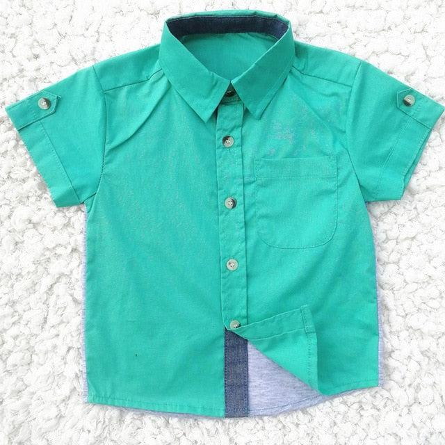 Boys Short Sleeve Classic Plaid Lapel Children Shirts Tops with Pocket