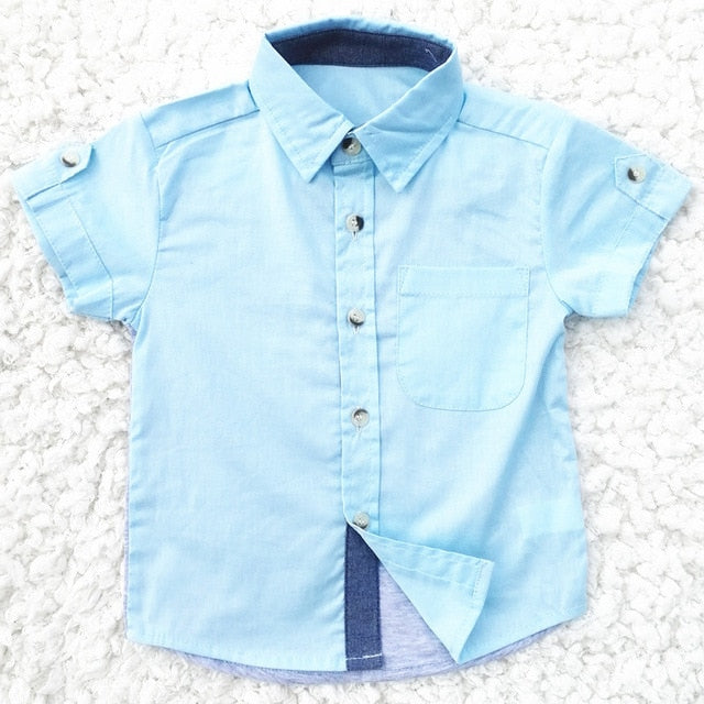 Boys Short Sleeve Classic Plaid Lapel Children Shirts Tops with Pocket