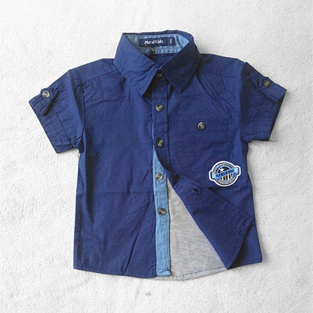 Boys Short Sleeve Classic Plaid Lapel Children Shirts Tops with Pocket