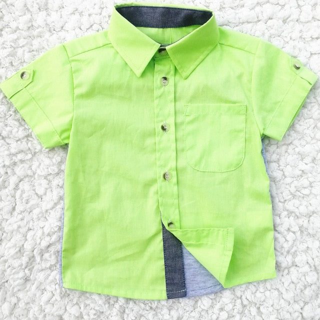 Boys Short Sleeve Classic Plaid Lapel Children Shirts Tops with Pocket