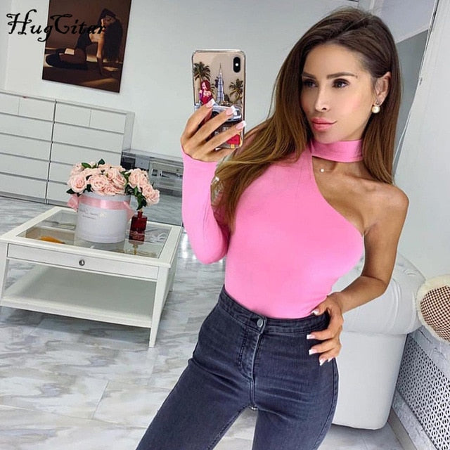 Hugcitar cotton halter one shoulder sexy bodysuit