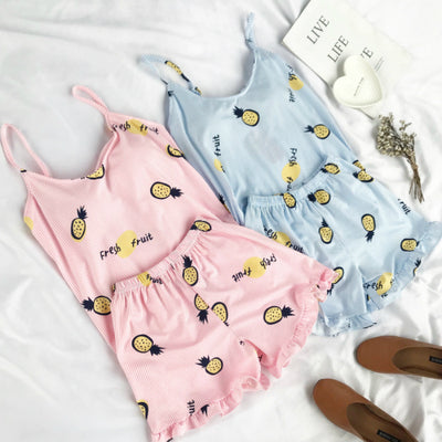 FallSweet Summer  Print Pajama Sets for Women Cotton  Sleepwear  Girls Sleeveless Sexy Lingerie Two Piece Set