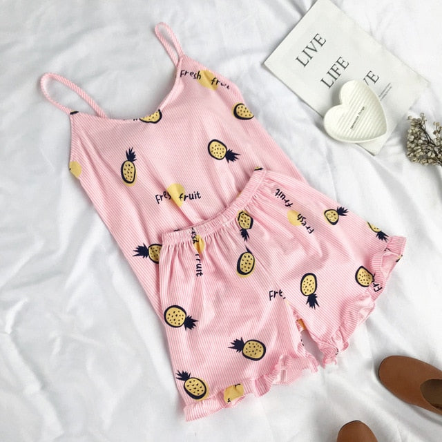 FallSweet Summer  Print Pajama Sets for Women Cotton
